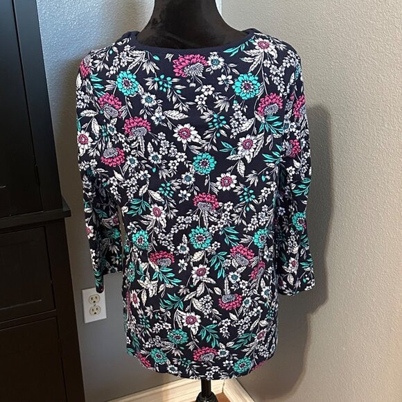 Kim Rogers Floral Print Cotton Top XL Navy 3/4 Sleeve Casual Boho Cottagecore - Picture 6 of 7